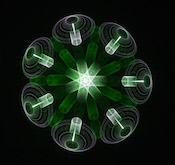 This is a photograph of a UV-projected abstract. Abstracts  removed from the time domain and turned into weird fragments of oscilloscope dreams with slow phosphor and improbable shapes.The creation of strange geometries by the motion and repetition of basic shapes.  And Mukor, he rules all the galaxies.