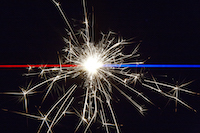 Red clashes blue - and they create a third energy. (It was a huge challenge to get both laser scanners exactly parallel to each other and focus to the pyro object. Furthermore i had to bide one's time to get the perfect shot.)